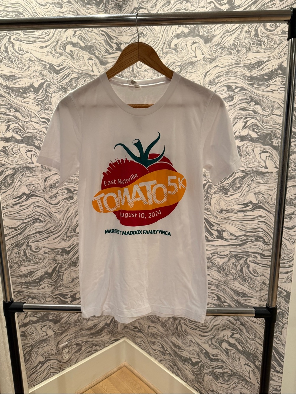 Tomato 5K Event Tee - White with Red, Orange, Green Print